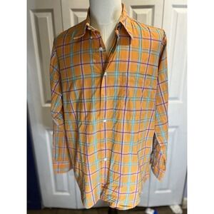 Paul Frederick Button Up Sport Shirt Orange Blue Plaid Large Long‎ Sleeve